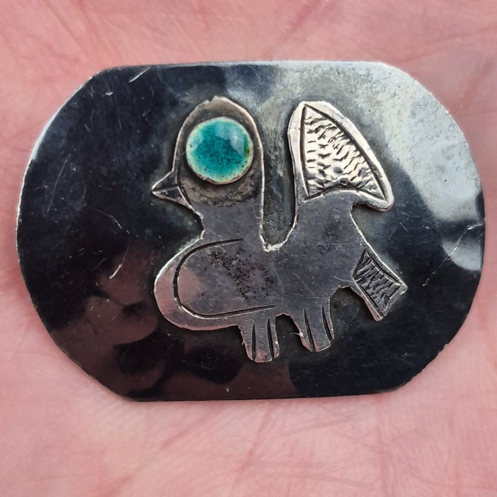 Vtg Peru JVC 925 Sterling Silver Inca Bird Brooch Pin Turquoise 1"‎ Peruana MCM